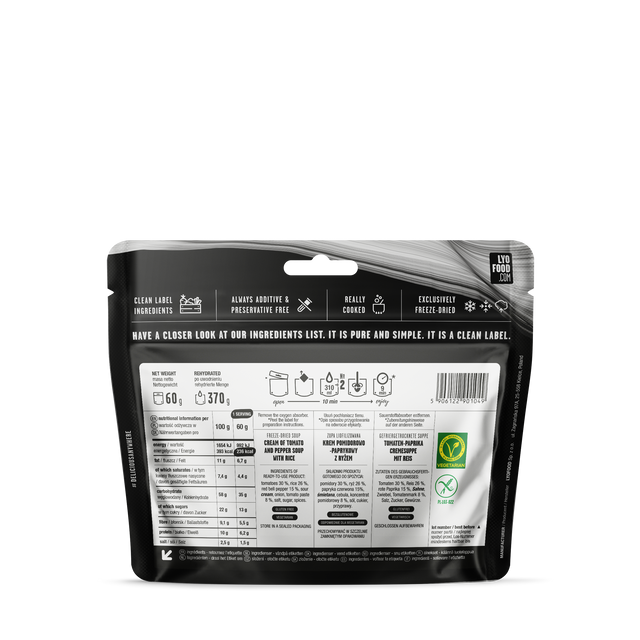 Black and white food packaging with nutritional information on a white background