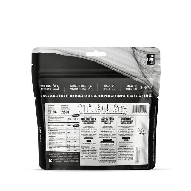 Black and white food packaging with nutritional information on a white background